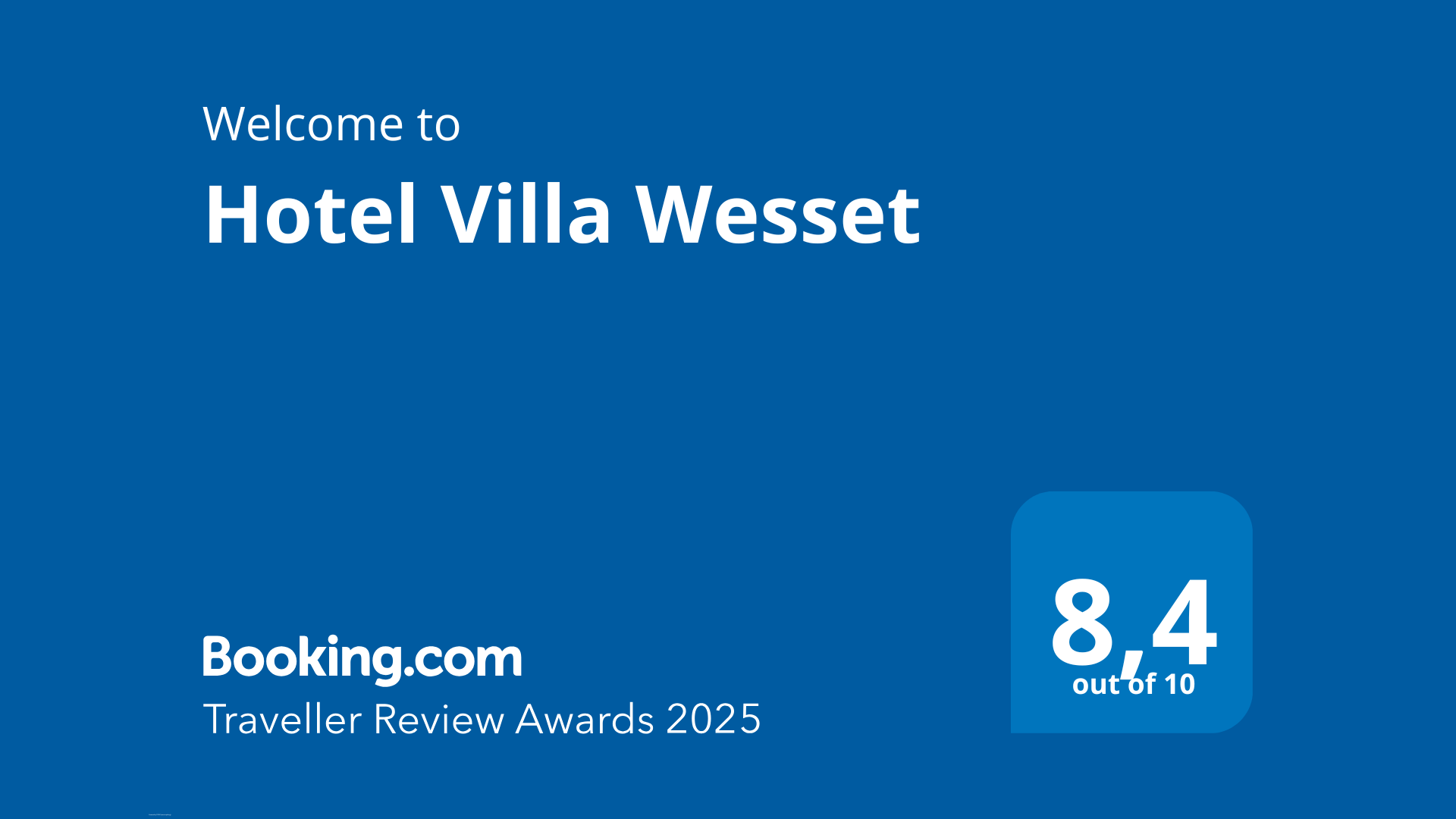 booking.com review with a text welcome to hotel villa wesset and a 8.4 rating